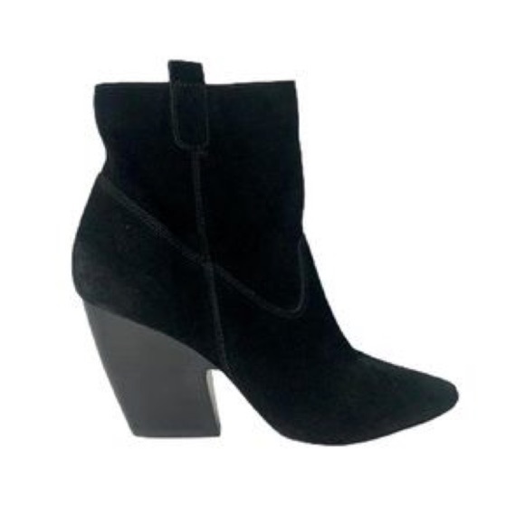PELLE MODA Genuine Black Suede Chunky Stacked Heel Pointed Toe Zip Ankle Boots - Picture 12 of 12